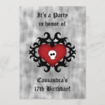 Gothic heart birthday party invitation<br><div class="desc">Adorable black damask motif drawn by me with a red heart on it and a tiny skull. So cute. Shown here on 5x7" party invites to personalize with your details. Works well for sweet 16,  Valentine's day or any fitting occasion.</div>