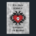 Gothic heart birthday party invitation<br><div class="desc">Adorable black damask motif drawn by me with a red heart on it and a tiny skull. So cute. Shown here on 5x7" party invites to personalize with your details. Works well for sweet 16,  Valentine's day or any fitting occasion.</div>