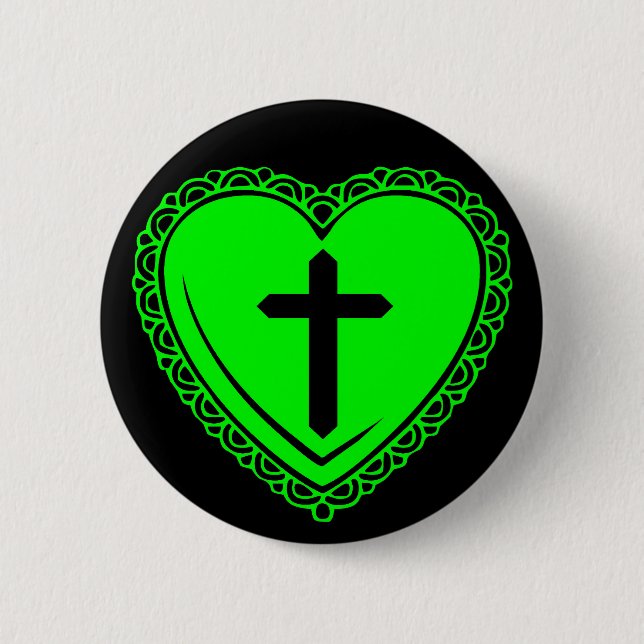 Gothic Heart & Cross (Black + Green) Button (Front)