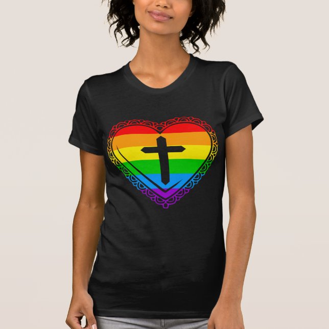 Gothic Heart & Cross (Black + Rainbow) T-Shirt (Front)