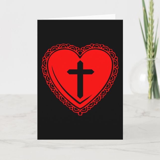 Gothic Heart + Cross Greeting Card (Black + Red) (Front)