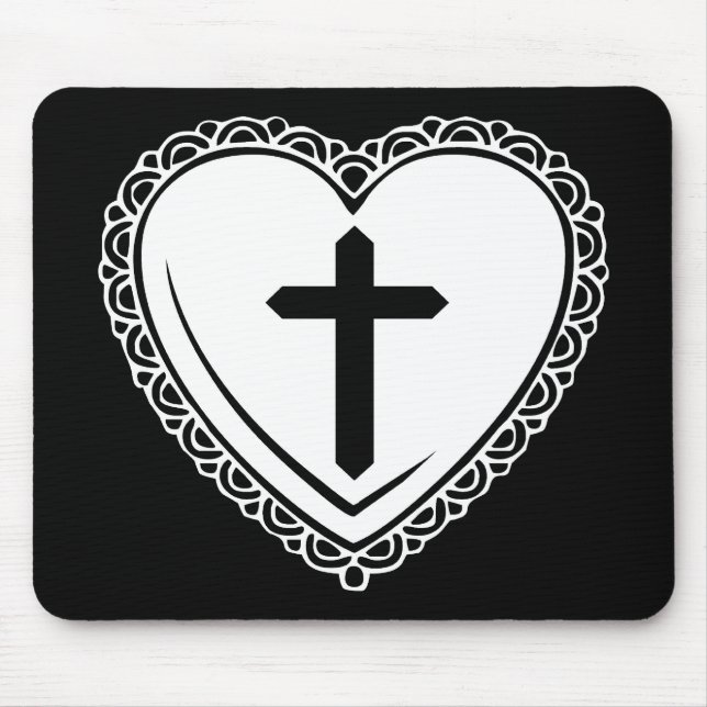 Gothic Heart & Cross Mousepad (Black + White) (Front)