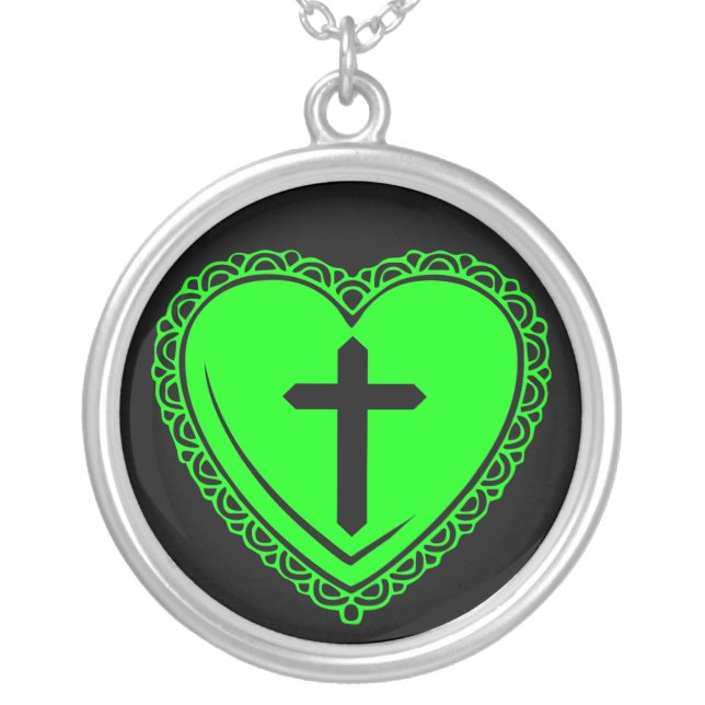 Gothic Heart + Cross Necklace (Black Green) (Front)