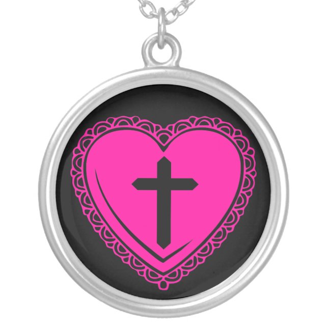 Gothic Heart + Cross Necklace (Black Pink) (Front)