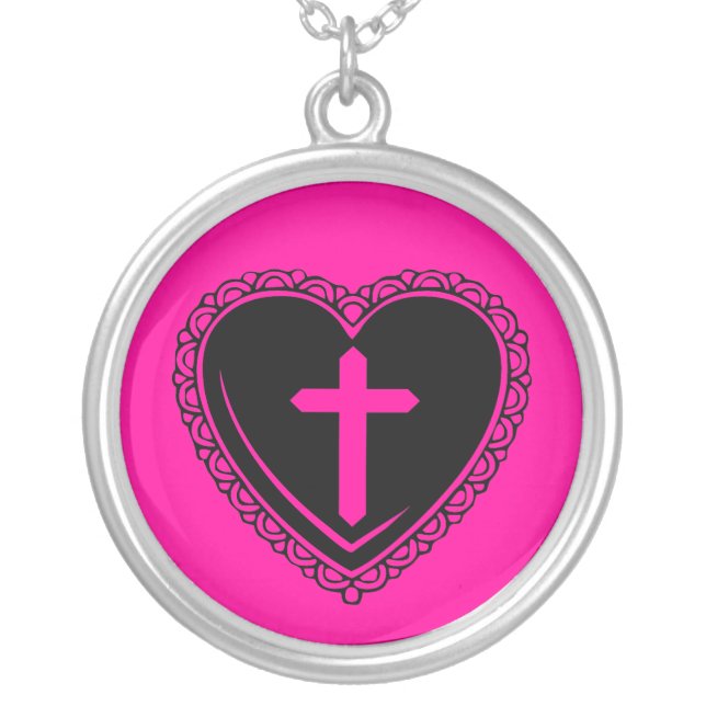 Gothic Heart & Cross Necklace (Black & Pink) (Front)