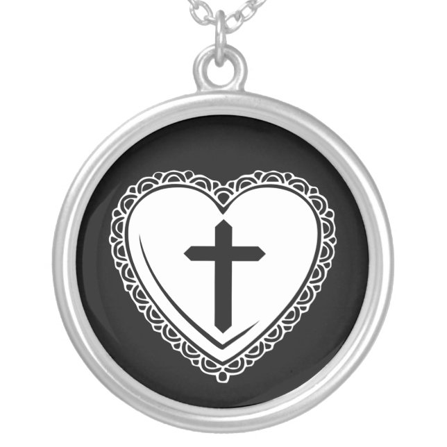 Gothic Heart & Cross Necklace (Black & White) (Front)