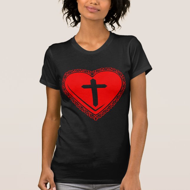 Gothic Heart & Cross T-Shirt (Black & Red) (Front)