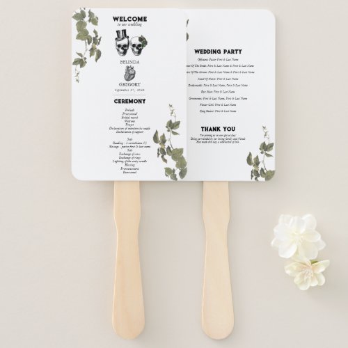 Gothic Heart Floral Skulls Wedding Program Hand Fan