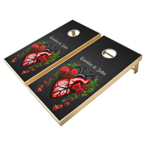 Gothic heart red flowers  cornhole set