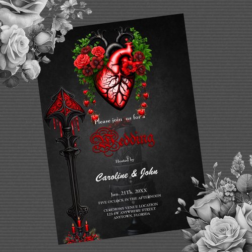 Gothic heart red flowers  invitation