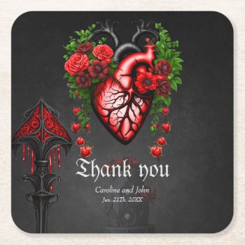 Gothic Heart Red Flowers. Square Paper Coaster by stylishdesign1 at Zazzle
