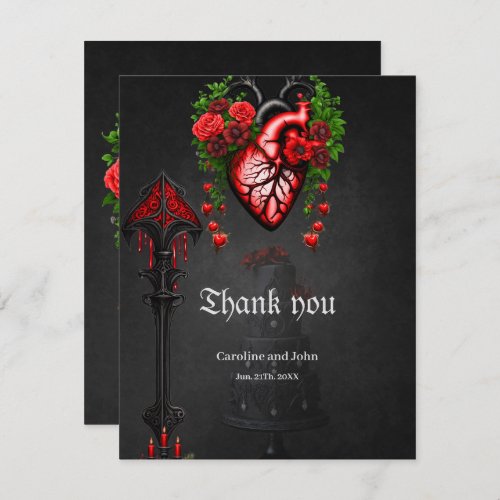 Gothic heart red flowers thank you card