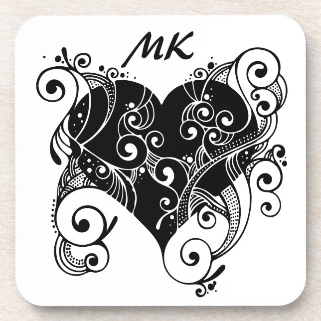 Gothic Heart Tattoo Black and White Monogrammed Beverage Coaster (Front)