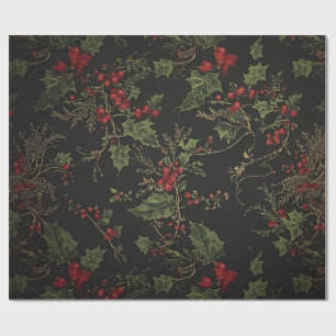 Gothic Holly Wrapping Paper Dark Christmas Floral