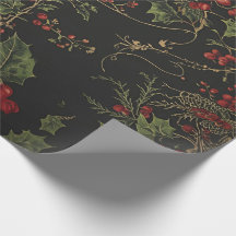 Gothic Holly Wrapping Paper |Dark Christmas Floral