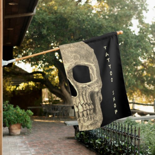Gothic Human Half Skull Beige Black Tattoo Shop House Flag