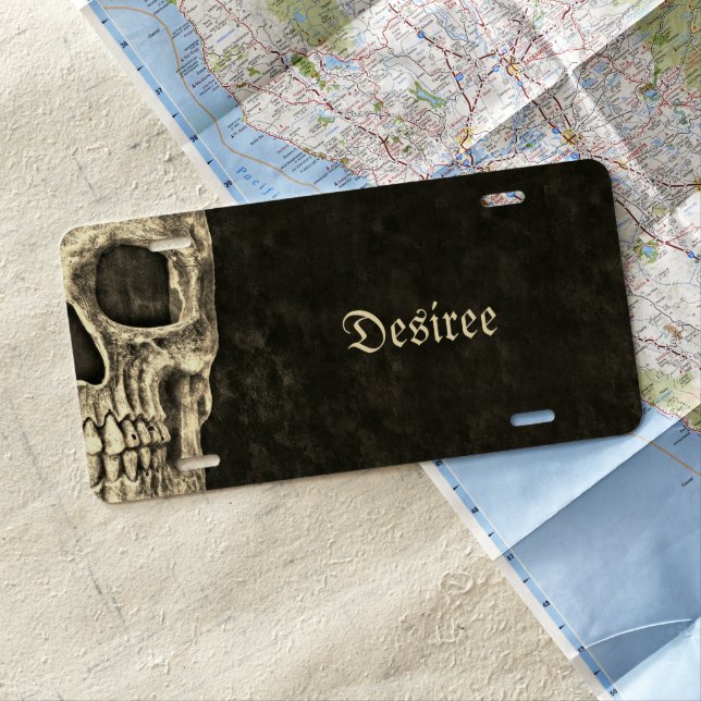 Gothic Human Half Skull Black And Beige Grunge License Plate (In Situ)
