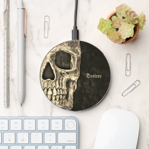 Gothic Human Half Skull Black And Beige Grunge Wireless Charger