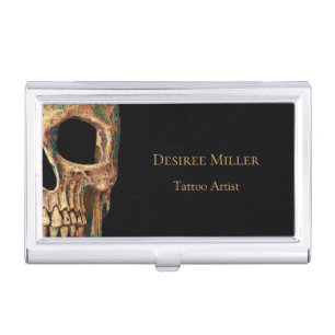 Gothic Human Half Skull Brown Green Tattoo Shop Business Card Case
