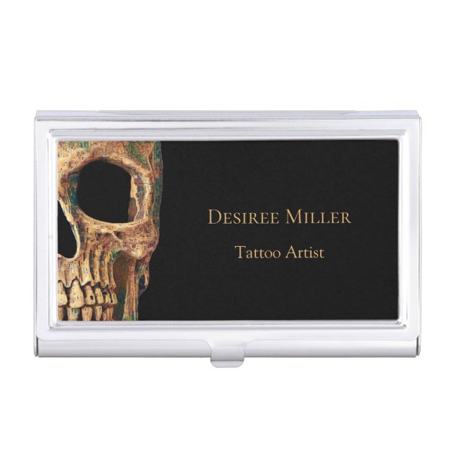 Gothic Human Half Skull Brown Green Tattoo Shop Business Card Case (Front)