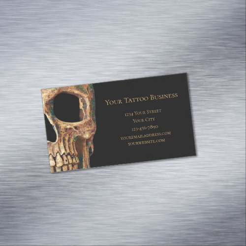Gothic Human Half Skull Brown Green Tattoo Shop Business Card Magnet