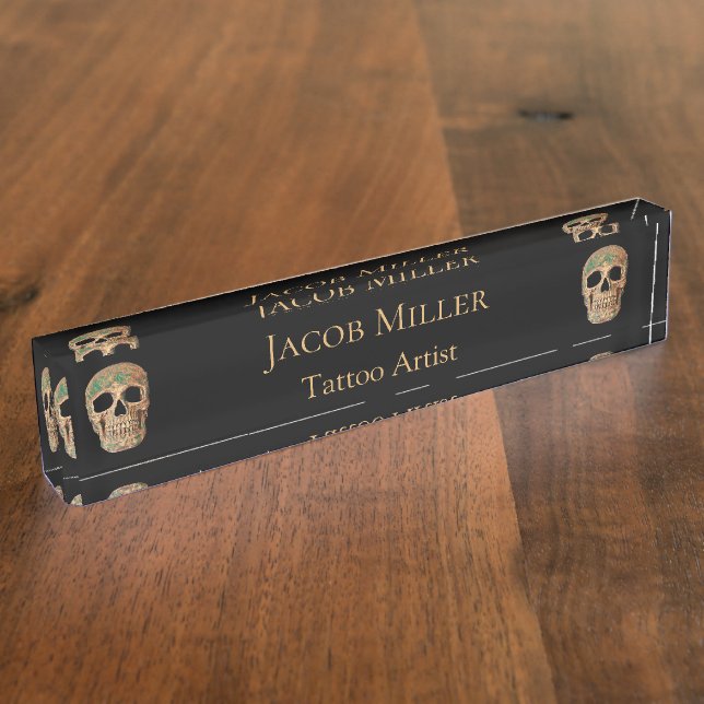 Gothic Human Half Skull Brown Green Tattoo Shop Desk Name Plate (Side)