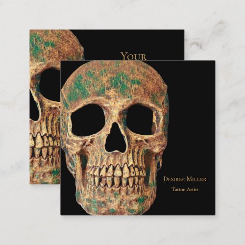 Gothic Human Half Skull Brown Green Tattoo Shop Square Business Card