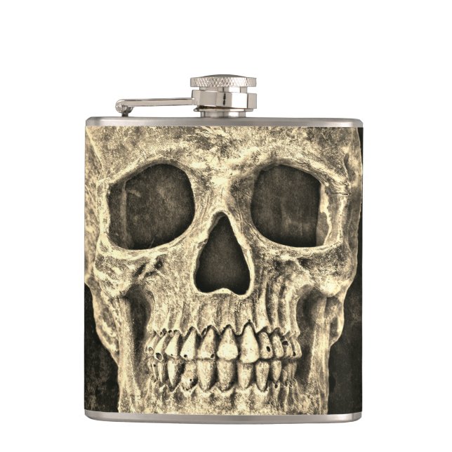 Gothic Human Skull Beige Black Texture Grunge Flask (Front)