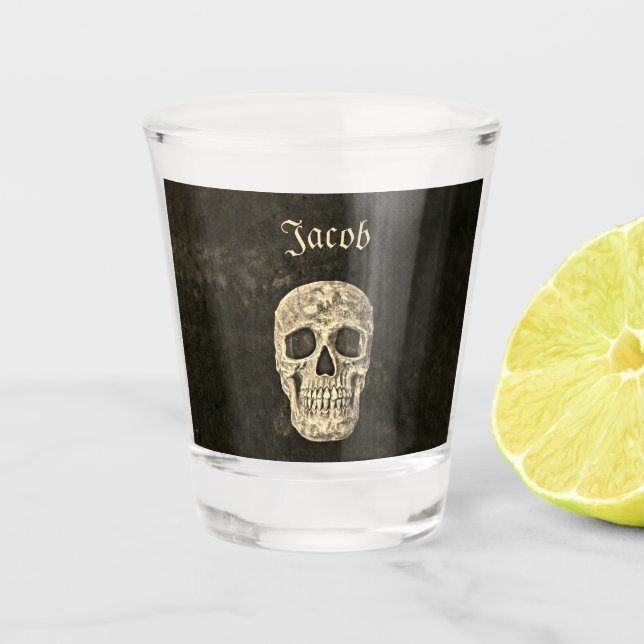 Gothic Human Skull Beige Black Texture Grunge Shot Glass (Front)