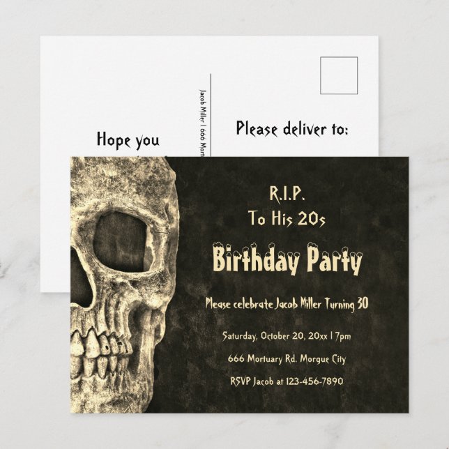 Gothic Human Skull Birthday Party RIP To His 20s Invitation Postcard (Front/Back)