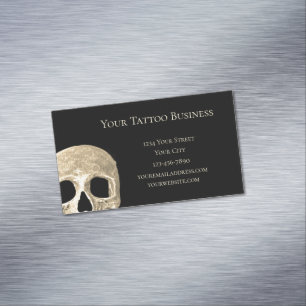 Gothic Human Skull Face Black Beige Tattoo Shop Business Card Magnet