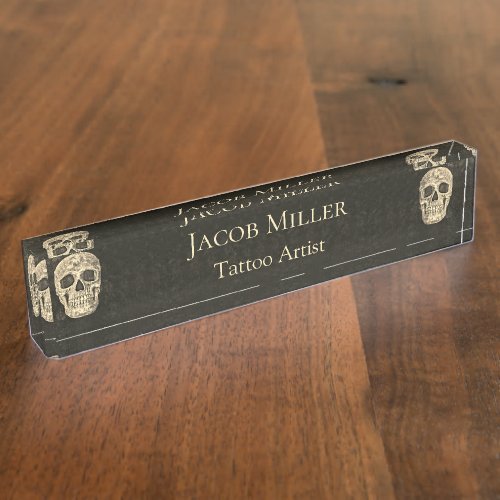 Gothic Human Skull Head Beige Black Tattoo Artist Desk Name Plate