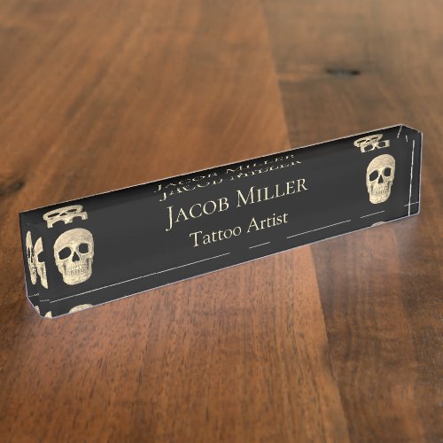 Gothic Human Skull Head Black Beige Tattoo Shop Desk Name Plate