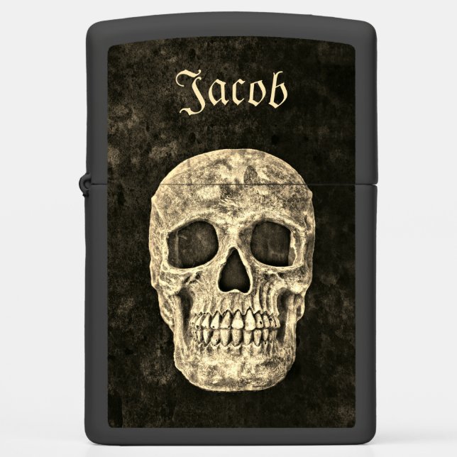 Gothic Human Skull Texture Black And Beige Grunge Zippo Lighter (Front)