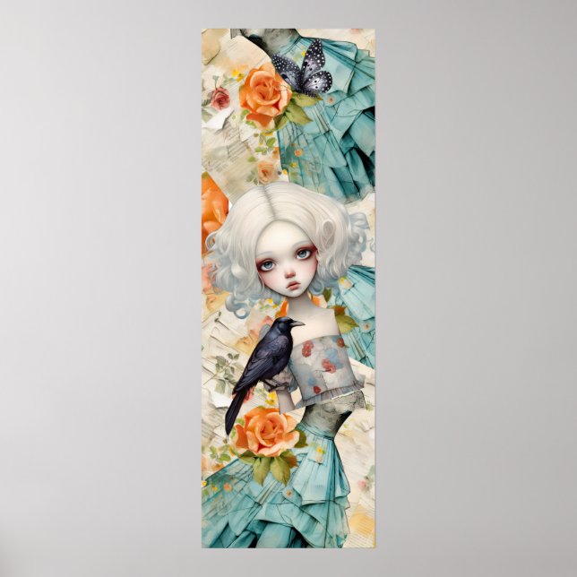 Gothic Inspired Blue Dress Peach Florals Raven  Poster (Front)