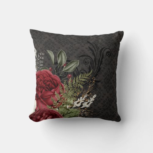 Gothic Inspired Red and Black Rose Throw Pillow
