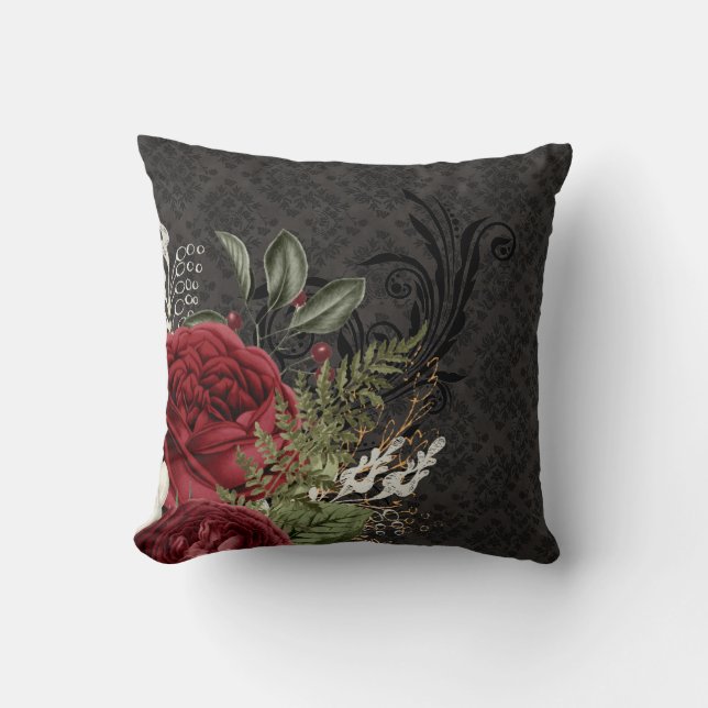 Gothic Inspired Red and Black Rose Throw Pillow (Front)