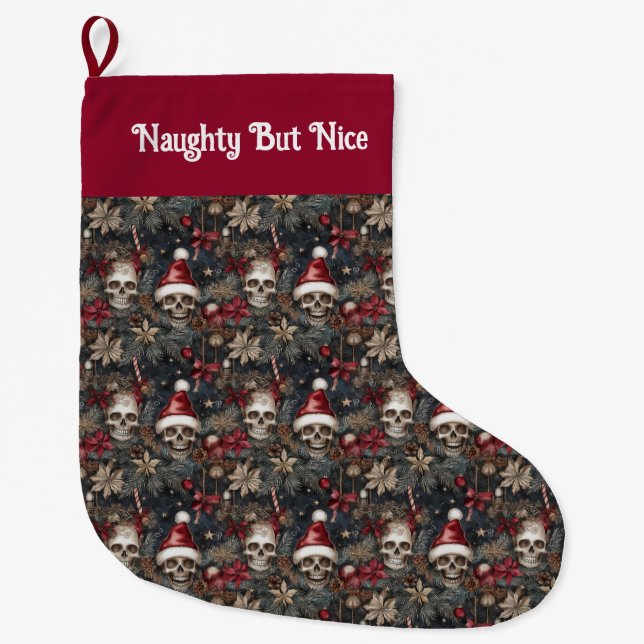 Gothic jolly skulls in Santa Hats Christmas Large Stocking (Front)