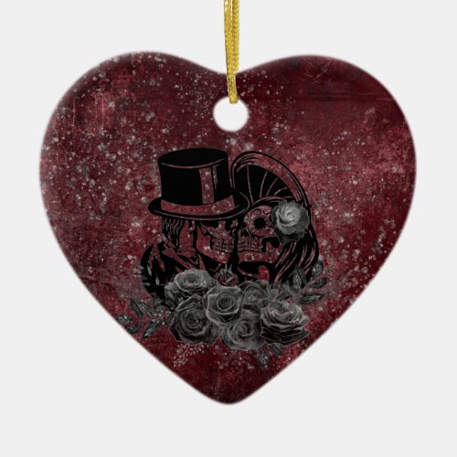 Gothic Kissing Skulls Couple And Blood Red Eternal Ceramic Ornament