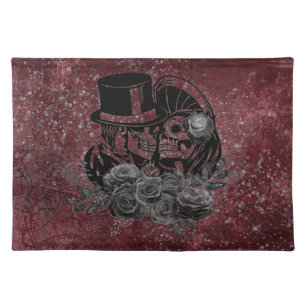 Gothic Kissing Skulls Couple And Blood Red Eternal Cloth Placemat