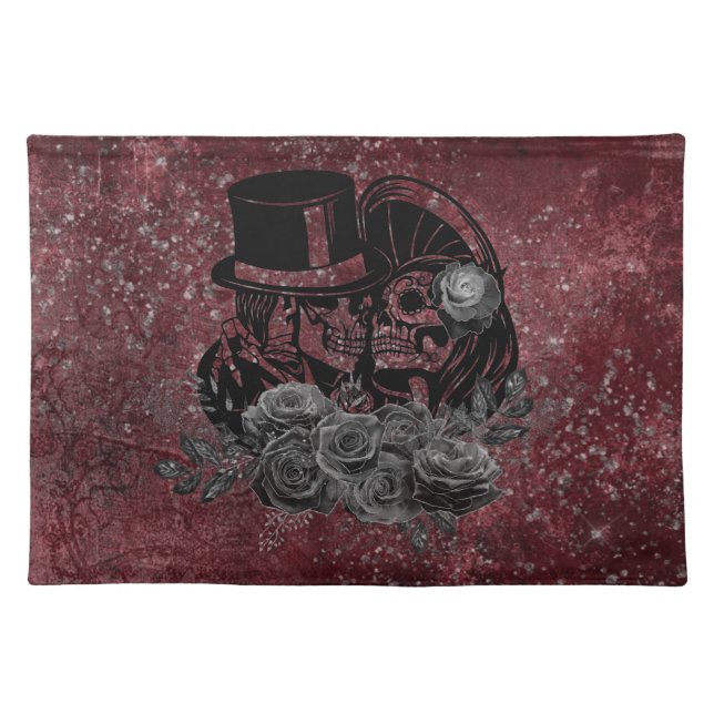 Gothic Kissing Skulls Couple And Blood Red Eternal Cloth Placemat (Front)