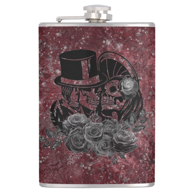 Gothic Kissing Skulls Couple And Blood Red Eternal Flask (Front)