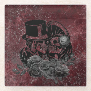 Gothic Kissing Skulls Couple And Blood Red Eternal Glass Coaster