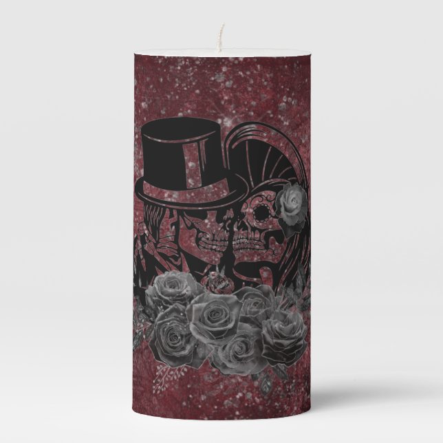 Gothic Kissing Skulls Couple And Blood Red Eternal Pillar Candle (Front)