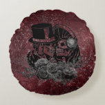 Gothic Kissing Skulls Couple And Blood Red Eternal Round Pillow<br><div class="desc">Kissing couple skulls eternal love with gothic glam black roses set on a grunge blood red background.</div>