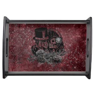 Gothic Kissing Skulls Couple And Blood Red Eternal Serving Tray