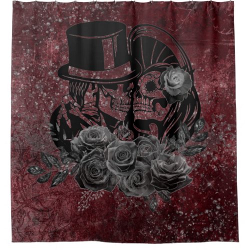 Gothic Kissing Skulls Couple And Blood Red Eternal Shower Curtain