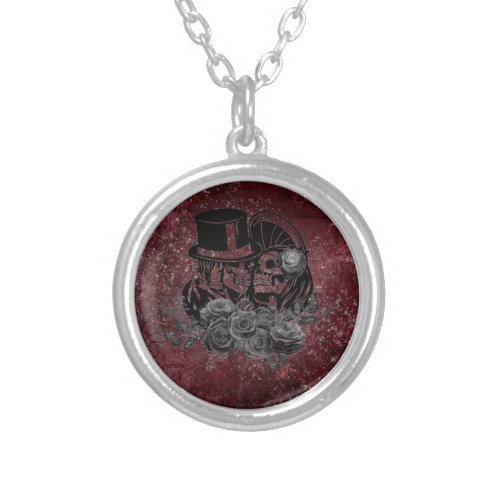 Gothic Kissing Skulls Couple And Blood Red Eternal Silver Plated Necklace