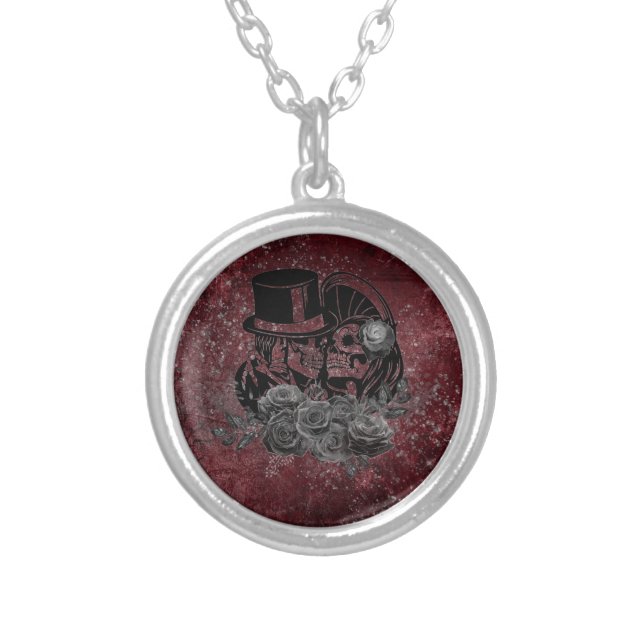Gothic Kissing Skulls Couple And Blood Red Eternal Silver Plated Necklace (Front)