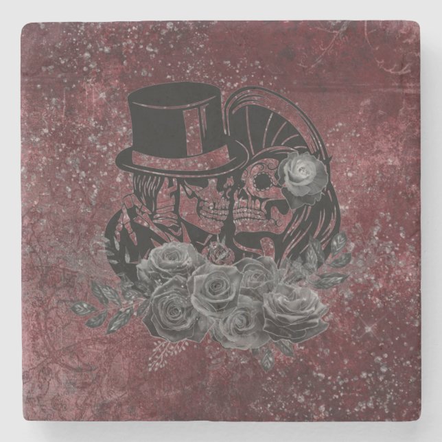 Gothic Kissing Skulls Couple And Blood Red Eternal Stone Coaster (Front)